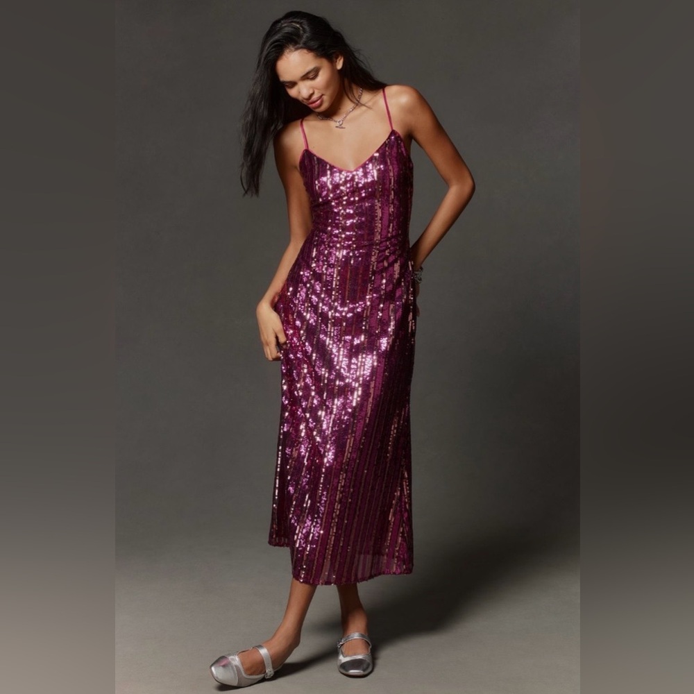 Maeve at Anthropologie Sleeveless Sequin Stripe Mid Dress